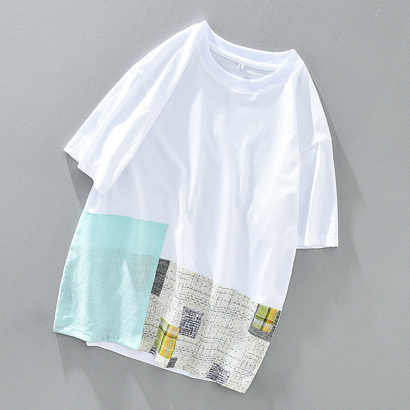 Men's Summer Thin Stitching Design Linen Short-sleeved T-shirt