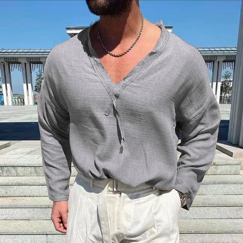 New Men's V-neck Long-sleeved T-shirt Cotton Linen Casual Loose
