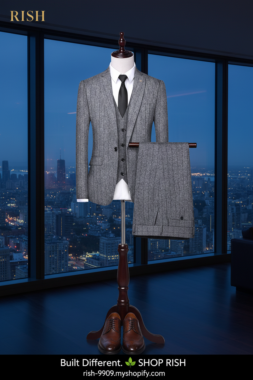 New Trend Men's Suit Three-Piece Wedding Banquet Suit Linen Stripe Slim Fashion British Style