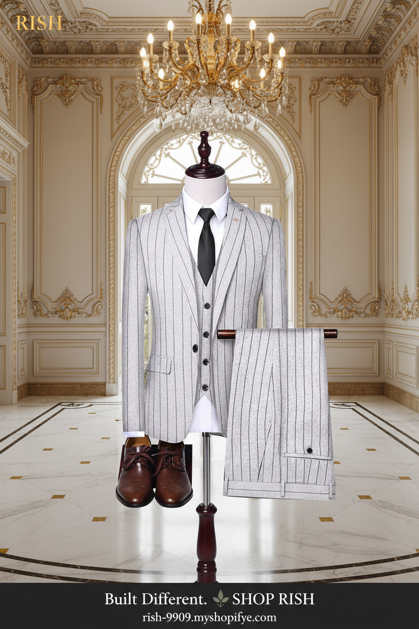 New Trend Men's Suit Three-Piece Wedding Banquet Suit Linen Stripe Slim Fashion British Style