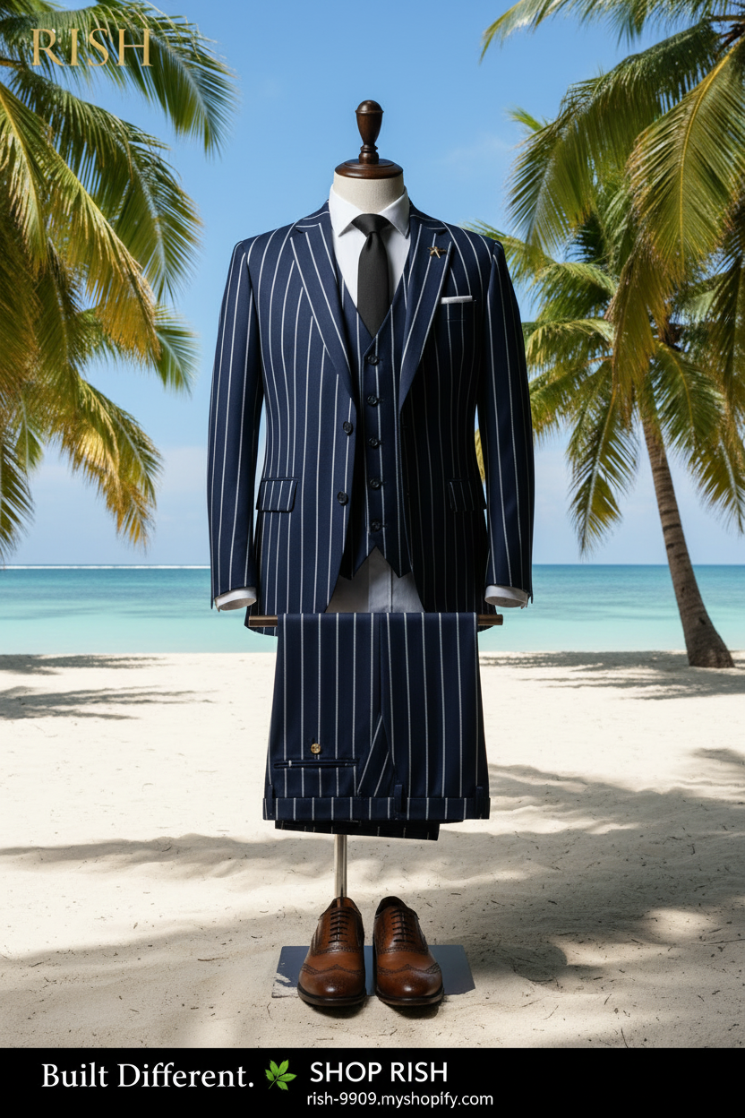 New Trend Men's Suit Three-Piece Wedding Banquet Suit Linen Stripe Slim Fashion British Style