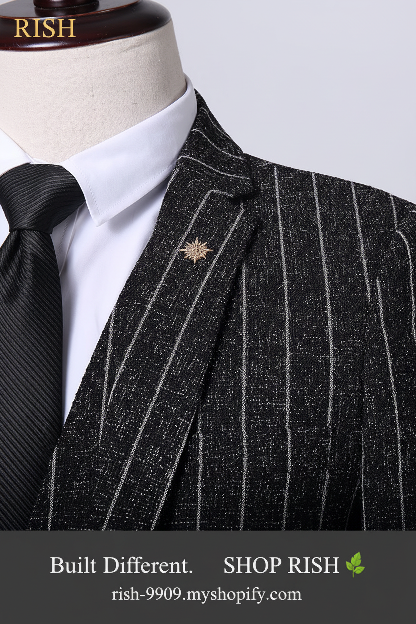 New Trend Men's Suit Three-Piece Wedding Banquet Suit Linen Stripe Slim Fashion British Style